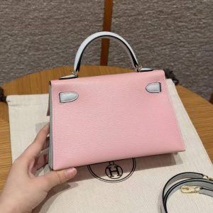 Hermes Kelly Mini 2 19CM Bag Handmade In Chèvre Calfskin Leather Gold Hardware 3Q Rose Sakura T0 Blue Brume - Image 2