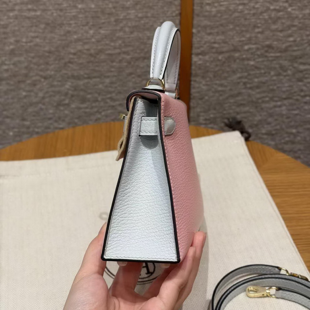 Hermes Kelly Mini 2 19CM Bag Handmade In Chèvre Calfskin Leather Gold Hardware 3Q Rose Sakura T0 Blue Brume - Image 17