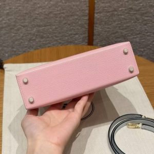 Hermes Kelly Mini 2 19CM Bag Handmade In Chèvre Calfskin Leather Gold Hardware 3Q Rose Sakura T0 Blue Brume - Image 16