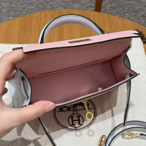 Hermes Kelly Mini 2 19CM Bag Handmade In Chèvre Calfskin Leather Gold Hardware 3Q Rose Sakura T0 Blue Brume - Image 15