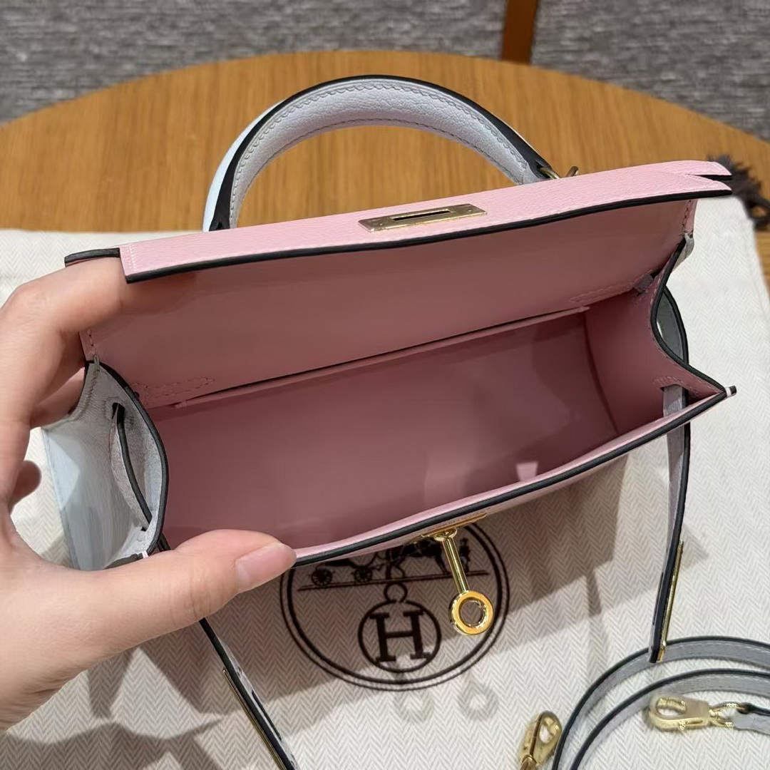 Hermes Kelly Mini 2 19CM Bag Handmade In Chèvre Calfskin Leather Gold Hardware 3Q Rose Sakura T0 Blue Brume - Image 15