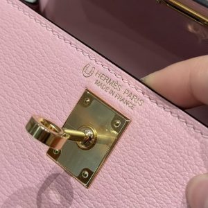 Hermes Kelly Mini 2 19CM Bag Handmade In Chèvre Calfskin Leather Gold Hardware 3Q Rose Sakura T0 Blue Brume - Image 14