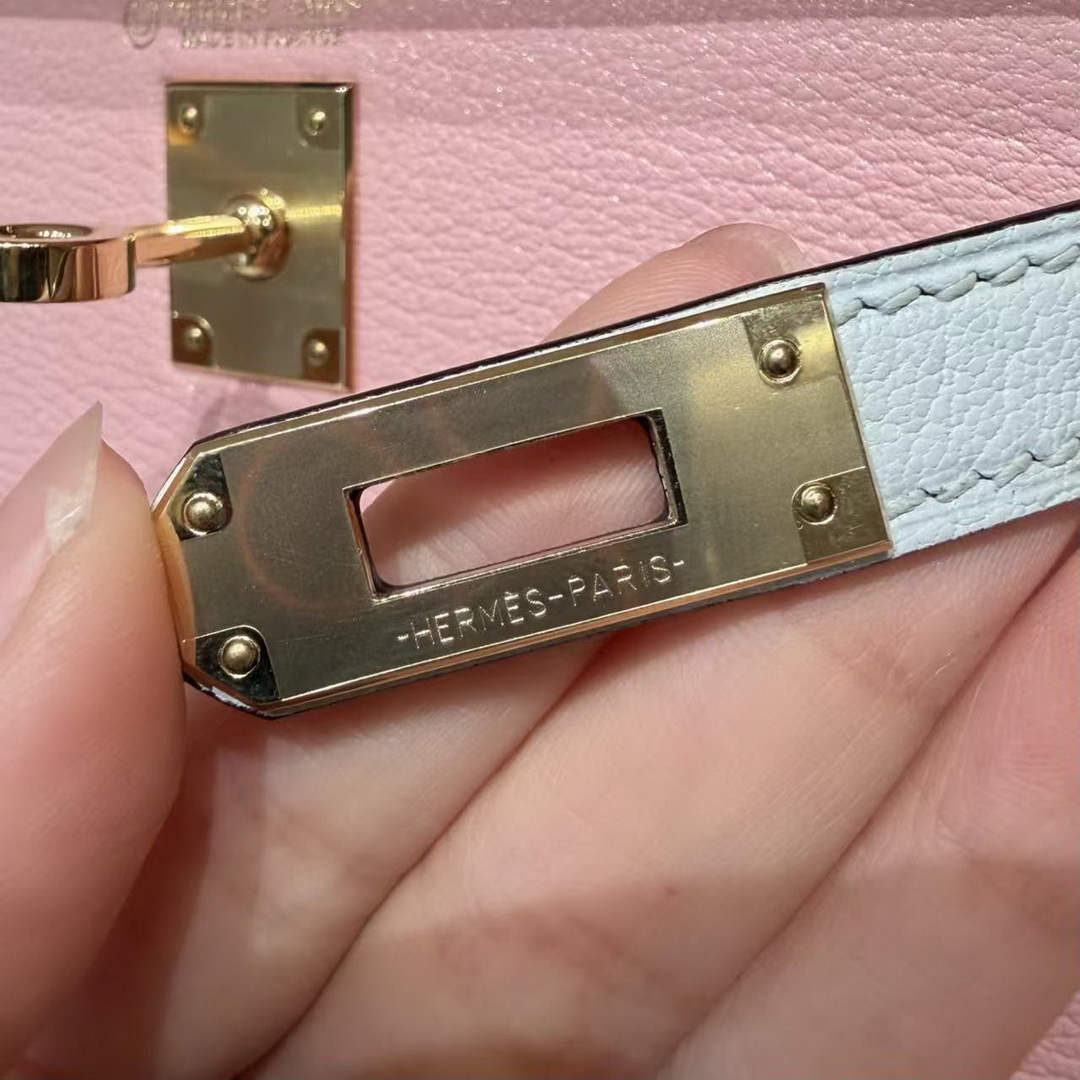 Hermes Kelly Mini 2 19CM Bag Handmade In Chèvre Calfskin Leather Gold Hardware 3Q Rose Sakura T0 Blue Brume - Image 13