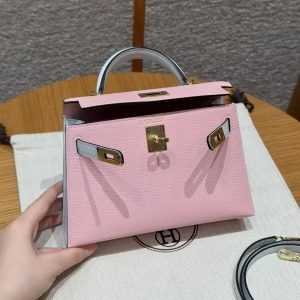 Hermes Kelly Mini 2 19CM Bag Handmade In Chèvre Calfskin Leather Gold Hardware 3Q Rose Sakura T0 Blue Brume - Image 11