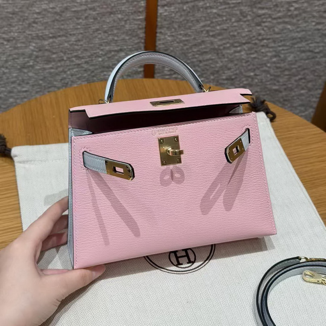 Hermes Kelly Mini 2 19CM Bag Handmade In Chèvre Calfskin Leather Gold Hardware 3Q Rose Sakura T0 Blue Brume - Image 11