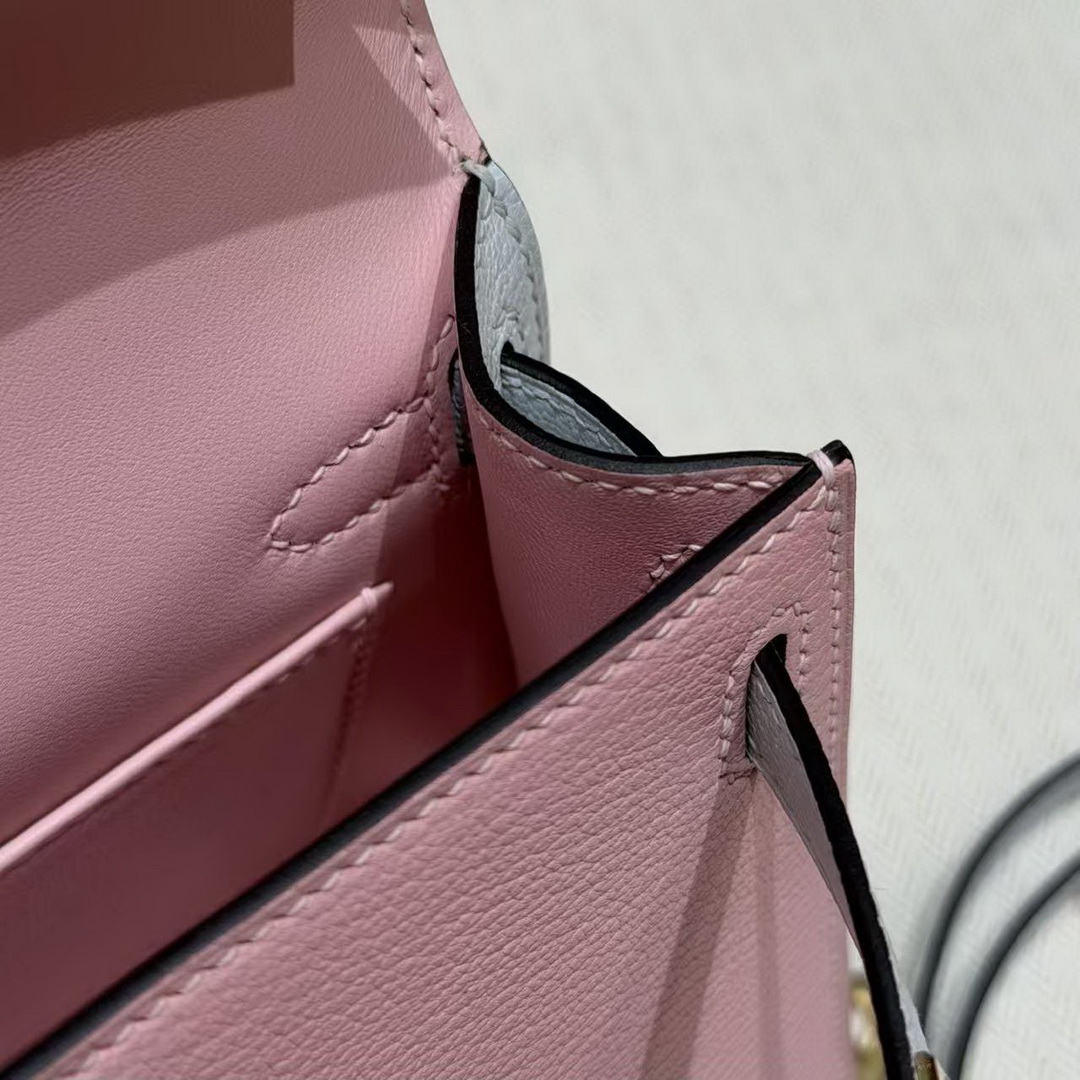 Hermes Kelly Mini 2 19CM Bag Handmade In Chèvre Calfskin Leather Gold Hardware 3Q Rose Sakura T0 Blue Brume - Image 8