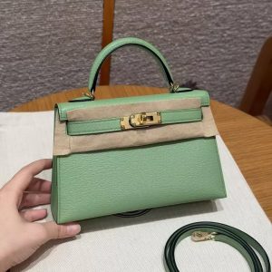 Hermes Kelly Mini 2 19CM Bag Handmade In Chèvre Calfskin Leather Gold Hardware 3i Vert Criquent