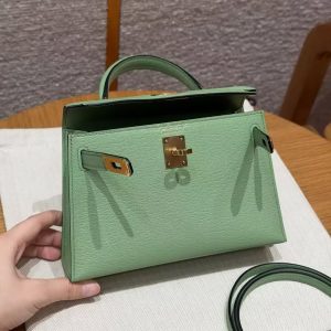 Hermes Kelly Mini 2 19CM Bag Handmade In Chèvre Calfskin Leather Gold Hardware 3i Vert Criquent - Image 18