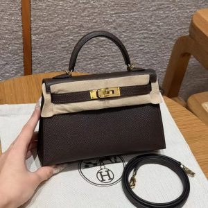 Hermes Kelly Mini 2 19CM Bag Handmade In Epsom Calfskin Leather Gold Hardware 47 Chocolate
