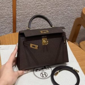 Hermes Kelly Mini 2 19CM Bag Handmade In Epsom Calfskin Leather Gold Hardware 47 Chocolate - Image 18
