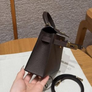 Hermes Kelly Mini 2 19CM Bag Handmade In Epsom Calfskin Leather Gold Hardware 47 Chocolate - Image 17