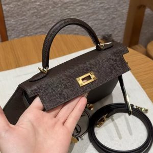 Hermes Kelly Mini 2 19CM Bag Handmade In Epsom Calfskin Leather Gold Hardware 47 Chocolate - Image 15
