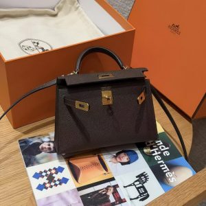 Hermes Kelly Mini 2 19CM Bag Handmade In Epsom Calfskin Leather Gold Hardware 47 Chocolate - Image 3