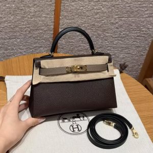 Hermes Kelly Mini 2 19CM Bag Handmade In Epsom Calfskin Leather Gold Hardware 4C Ecorce 18 Etoupe 89 Noir