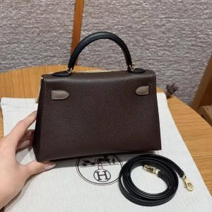 Hermes Kelly Mini 2 19CM Bag Handmade In Epsom Calfskin Leather Gold Hardware 4C Ecorce 18 Etoupe 89 Noir - Image 2