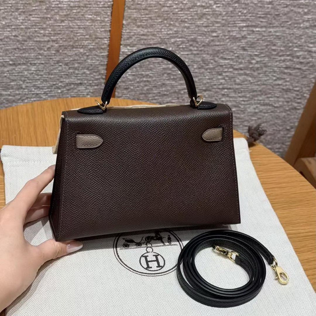 Hermes Kelly Mini 2 19CM Bag Handmade In Epsom Calfskin Leather Gold Hardware 4C Ecorce 18 Etoupe 89 Noir - Image 2