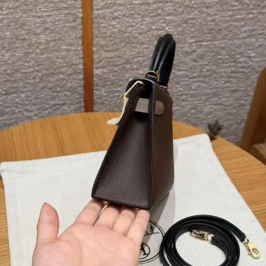 Hermes Kelly Mini 2 19CM Bag Handmade In Epsom Calfskin Leather Gold Hardware 4C Ecorce 18 Etoupe 89 Noir - Image 21