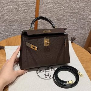 Hermes Kelly Mini 2 19CM Bag Handmade In Epsom Calfskin Leather Gold Hardware 4C Ecorce 18 Etoupe 89 Noir - Image 13