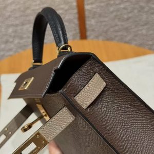 Hermes Kelly Mini 2 19CM Bag Handmade In Epsom Calfskin Leather Gold Hardware 4C Ecorce 18 Etoupe 89 Noir - Image 11