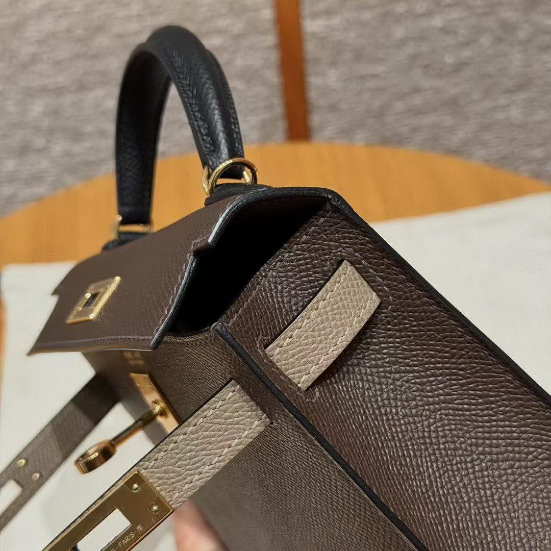 Hermes Kelly Mini 2 19CM Bag Handmade In Epsom Calfskin Leather Gold Hardware 4C Ecorce 18 Etoupe 89 Noir - Image 11