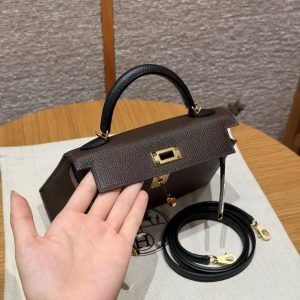 Hermes Kelly Mini 2 19CM Bag Handmade In Epsom Calfskin Leather Gold Hardware 4C Ecorce 18 Etoupe 89 Noir - Image 10