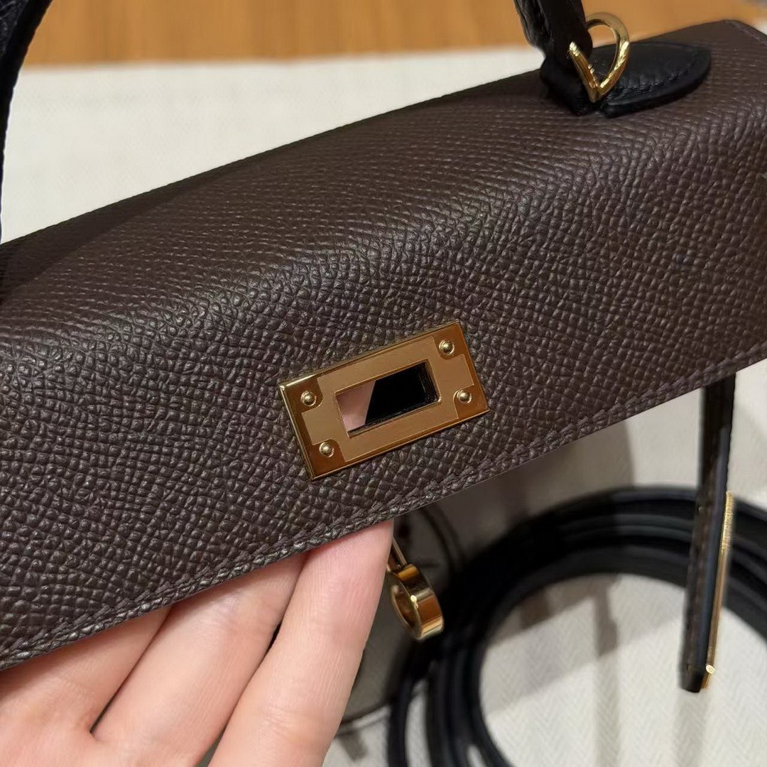 Hermes Kelly Mini 2 19CM Bag Handmade In Epsom Calfskin Leather Gold Hardware 4C Ecorce 18 Etoupe 89 Noir - Image 9