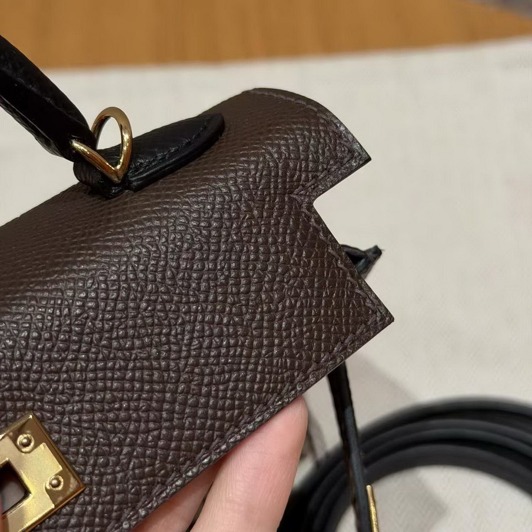 Hermes Kelly Mini 2 19CM Bag Handmade In Epsom Calfskin Leather Gold Hardware 4C Ecorce 18 Etoupe 89 Noir - Image 8
