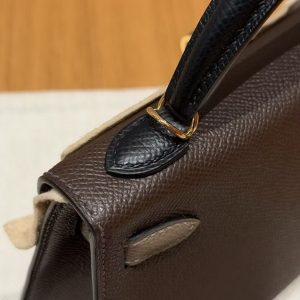 Hermes Kelly Mini 2 19CM Bag Handmade In Epsom Calfskin Leather Gold Hardware 4C Ecorce 18 Etoupe 89 Noir - Image 5