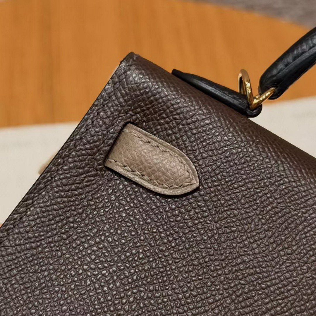 Hermes Kelly Mini 2 19CM Bag Handmade In Epsom Calfskin Leather Gold Hardware 4C Ecorce 18 Etoupe 89 Noir - Image 4