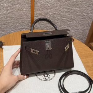 Hermes Kelly Mini 2 19CM Bag Handmade In Epsom Calfskin Leather Silver Hardware 4C Ecorce - Image 9