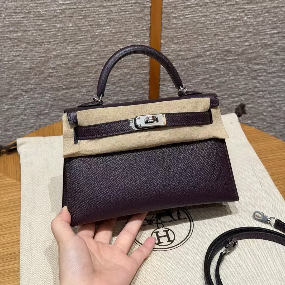 Hermes Kelly Mini 2 19CM Bag Handmade In Epsom Calfskin Leather Silver Hardware 59 Raisin