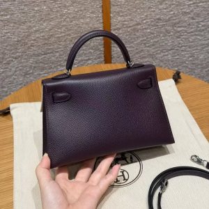 Hermes Kelly Mini 2 19CM Bag Handmade In Epsom Calfskin Leather Silver Hardware 59 Raisin - Image 2