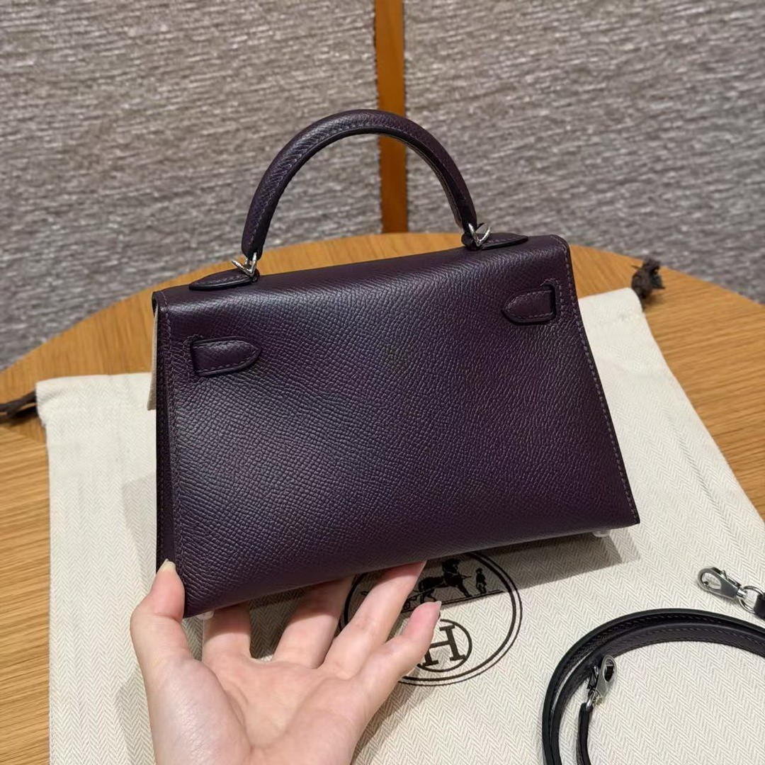 Hermes Kelly Mini 2 19CM Bag Handmade In Epsom Calfskin Leather Silver Hardware 59 Raisin - Image 2