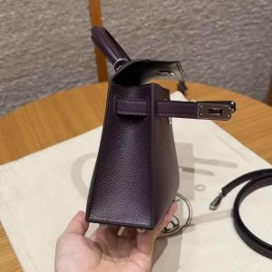 Hermes Kelly Mini 2 19CM Bag Handmade In Epsom Calfskin Leather Silver Hardware 59 Raisin - Image 20