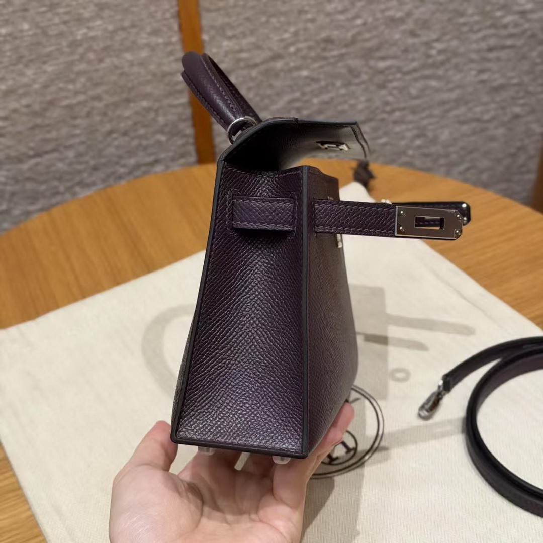 Hermes Kelly Mini 2 19CM Bag Handmade In Epsom Calfskin Leather Silver Hardware 59 Raisin - Image 20