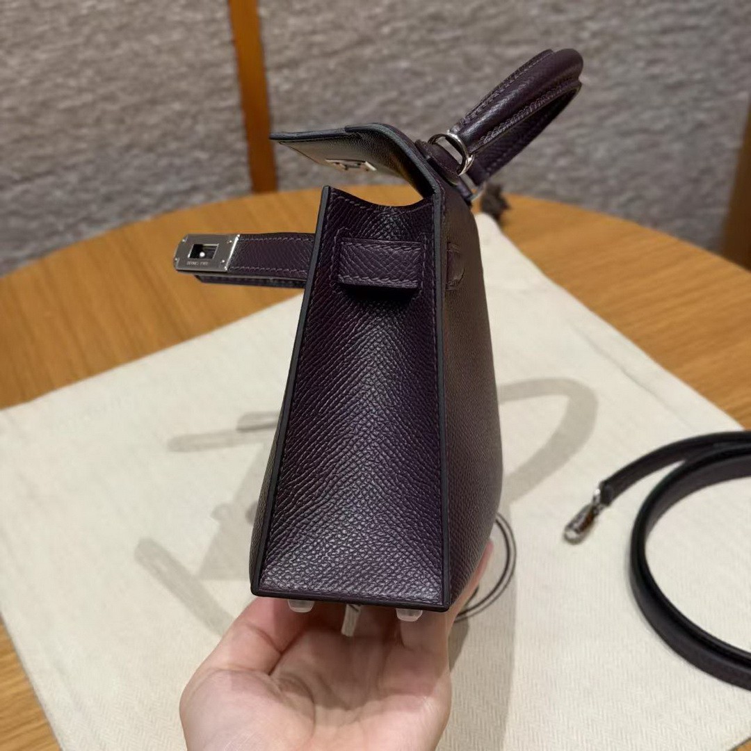 Hermes Kelly Mini 2 19CM Bag Handmade In Epsom Calfskin Leather Silver Hardware 59 Raisin - Image 19