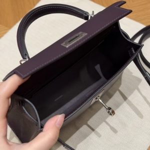 Hermes Kelly Mini 2 19CM Bag Handmade In Epsom Calfskin Leather Silver Hardware 59 Raisin - Image 17