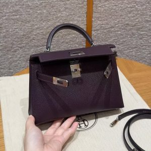 Hermes Kelly Mini 2 19CM Bag Handmade In Epsom Calfskin Leather Silver Hardware 59 Raisin - Image 13