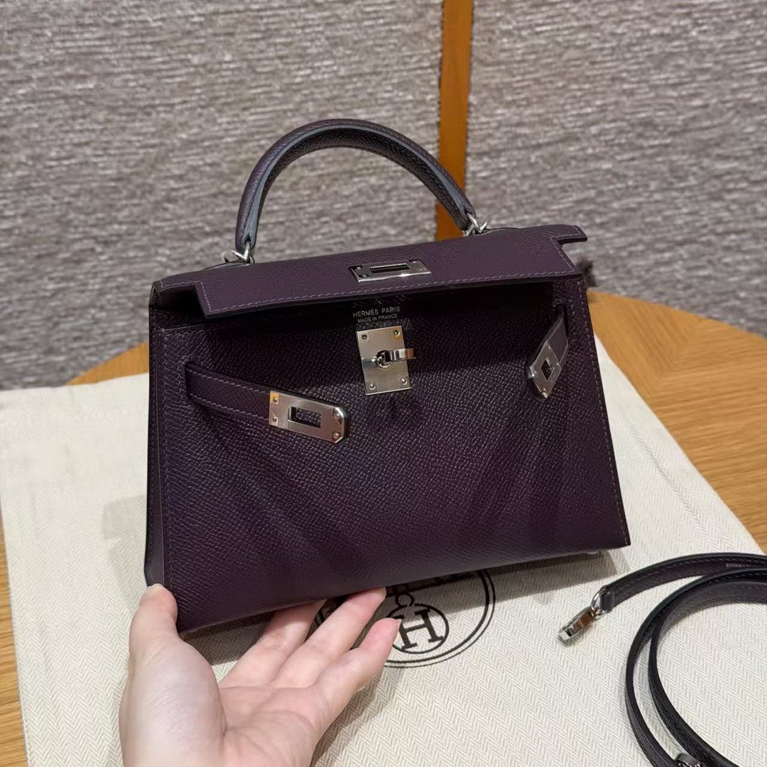 Hermes Kelly Mini 2 19CM Bag Handmade In Epsom Calfskin Leather Silver Hardware 59 Raisin - Image 13
