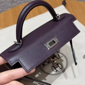 Hermes Kelly Mini 2 19CM Bag Handmade In Epsom Calfskin Leather Silver Hardware 59 Raisin - Image 12