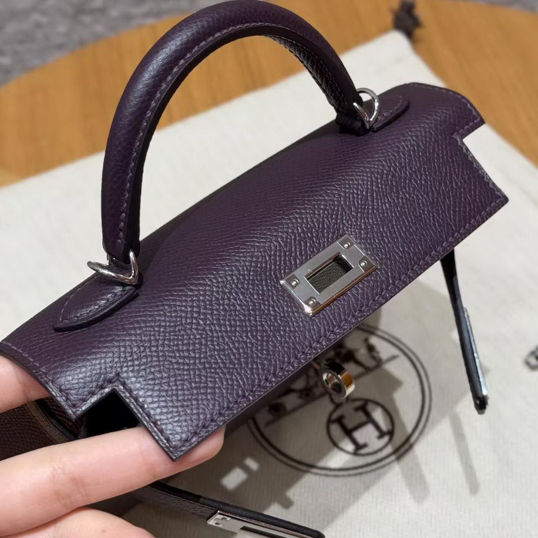 Hermes Kelly Mini 2 19CM Bag Handmade In Epsom Calfskin Leather Silver Hardware 59 Raisin - Image 12