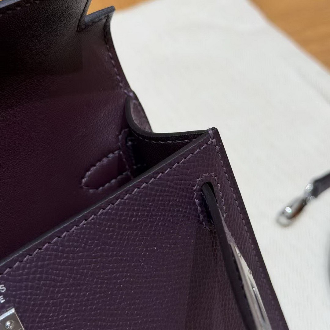 Hermes Kelly Mini 2 19CM Bag Handmade In Epsom Calfskin Leather Silver Hardware 59 Raisin - Image 11