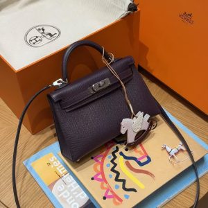 Hermes Kelly Mini 2 19CM Bag Handmade In Epsom Calfskin Leather Silver Hardware 59 Raisin - Image 3