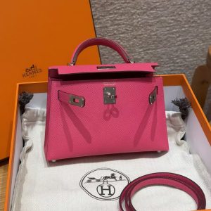 Hermes Kelly Mini 2 19CM Bag Handmade In Epsom Calfskin Leather Silver Hardware 5J Fuchia - Image 4