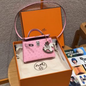 Hermes Kelly Mini 2 19CM Bag Handmade In KK Ostrich Leather from South Africa Silver Hardware 5P Pink - Image 18