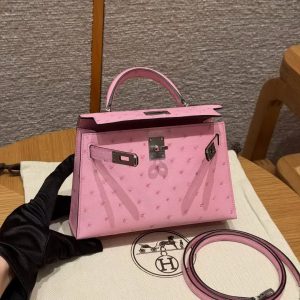Hermes Kelly Mini 2 19CM Bag Handmade In KK Ostrich Leather from South Africa Silver Hardware 5P Pink - Image 17