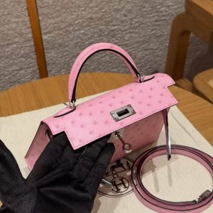 Hermes Kelly Mini 2 19CM Bag Handmade In KK Ostrich Leather from South Africa Silver Hardware 5P Pink - Image 16