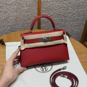 Hermes Kelly Mini 2 19CM Bag Handmade In Epsom Calfskin Leather Silver Hardware 5X Rouge Piment
