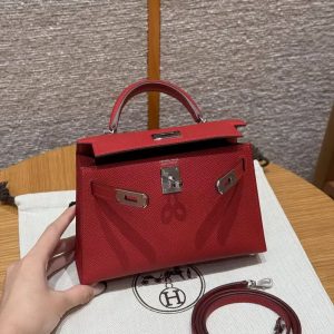 Hermes Kelly Mini 2 19CM Bag Handmade In Epsom Calfskin Leather Silver Hardware 5X Rouge Piment - Image 18