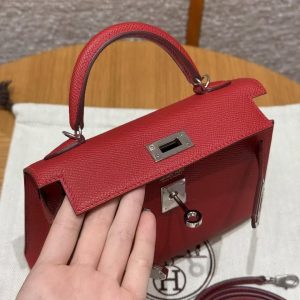 Hermes Kelly Mini 2 19CM Bag Handmade In Epsom Calfskin Leather Silver Hardware 5X Rouge Piment - Image 17